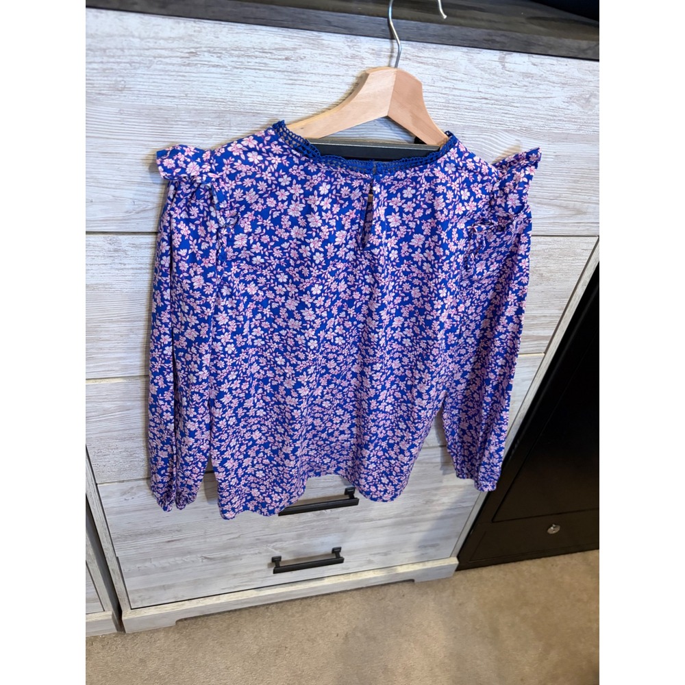 J.Crew Womens Blue Pink Floral Ruffle Shoulder Lace Trim Blouse XS - Picture 3 of 6